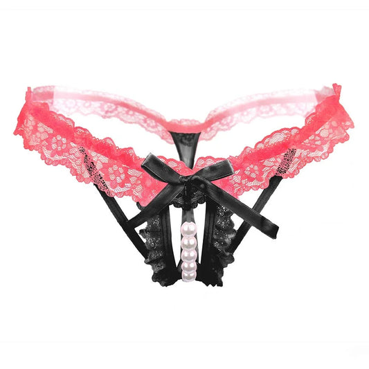 Women’s Lace Pearl Accent Cut-Out Panty – Decorative Bow Detail Lingerie Bottomwear