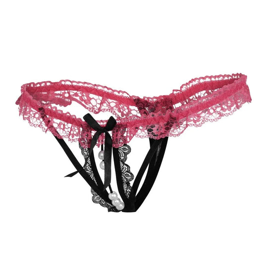 Women’s Lace Pearl Accent Cut-Out Panty – Decorative Bow Detail Lingerie Bottomwear