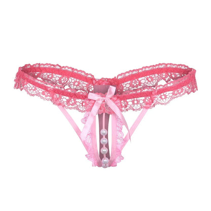 Premium Women’s Pearl-Detail Open Lace Thong – Elegant Bow Accent Exotic Intimate Bottomwear