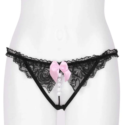 Women’s Lace Pearl Accent Cut-Out Thong Panty – Decorative Bow Lingerie Bottomwear