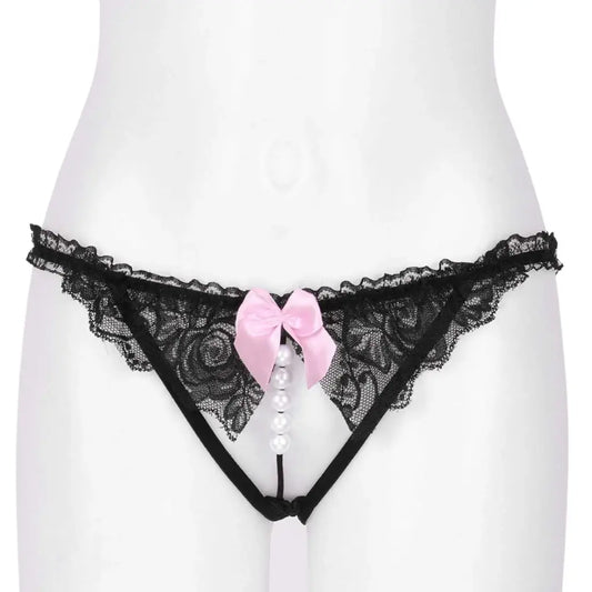 Women’s Lace Pearl Accent Cut-Out Thong Panty – Decorative Bow Lingerie Bottomwear