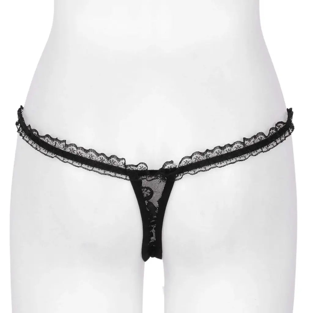 Women’s Lace Pearl Accent Cut-Out Thong Panty – Decorative Bow Lingerie Bottomwear