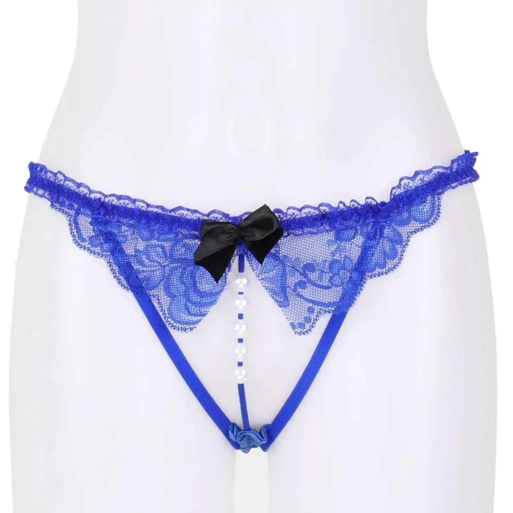 Women’s Lace Pearl Accent Cut-Out Thong Panty – Decorative Bow Lingerie Bottomwear