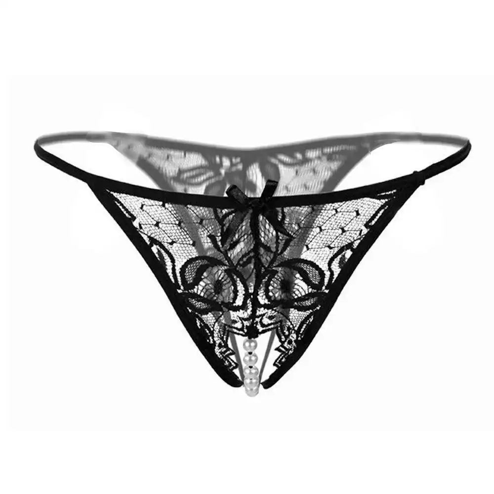 Women’s Sheer Lace Pearl Detail Thong – Elegant Low-Rise Designer Intimate Bottomwear