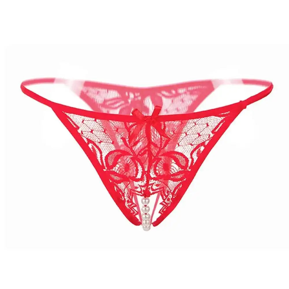 Women’s Sheer Lace Pearl Detail Thong – Elegant Low-Rise Designer Intimate Bottomwear