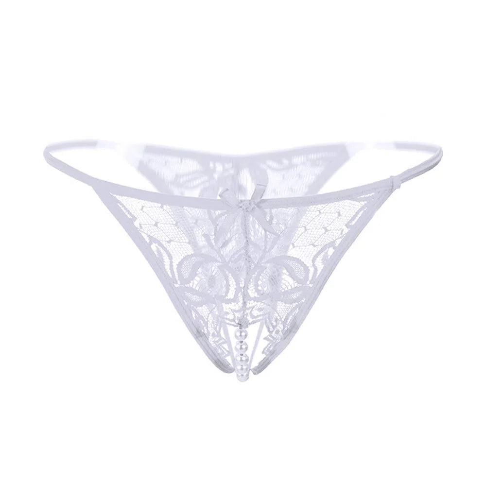 Women’s Sheer Lace Pearl Detail Thong – Elegant Low-Rise Designer Intimate Bottomwear