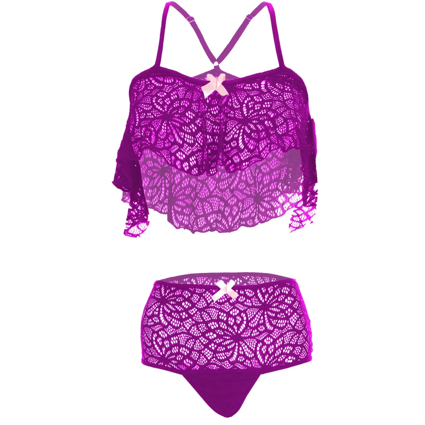 Women’s Floral Lace Ruffled Bralette & High-Waist Panty Set – Elegant Two-Piece Lingerie Ensemble with Decorative Ribbon Bows