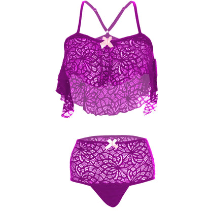 Women’s Floral Lace Ruffled Bralette & High-Waist Panty Set – Elegant Two-Piece Lingerie Ensemble with Decorative Ribbon Bows