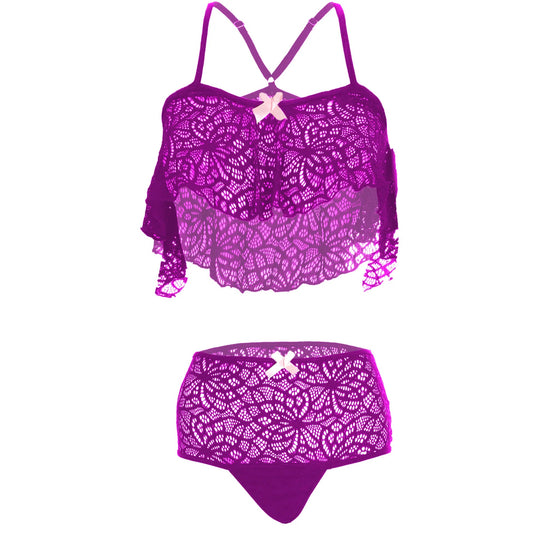 Women’s Floral Lace Ruffled Bralette & High-Waist Panty Set – Elegant Two-Piece Lingerie Ensemble with Decorative Ribbon Bows