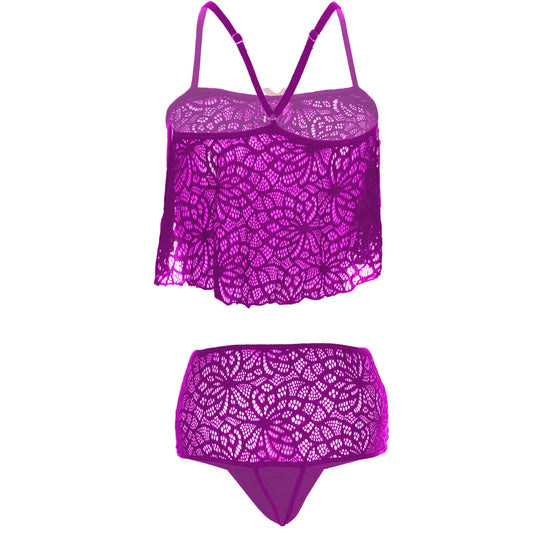 Women’s Floral Lace Ruffled Bralette & High-Waist Panty Set – Elegant Two-Piece Lingerie Ensemble with Decorative Ribbon Bows