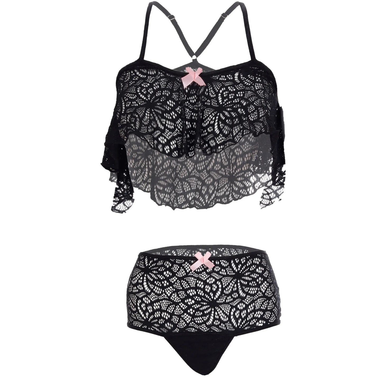 Women’s Floral Lace Ruffled Bralette & High-Waist Panty Set – Elegant Two-Piece Lingerie Ensemble with Decorative Ribbon Bows