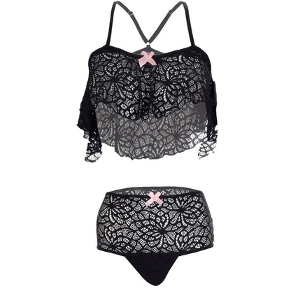 Women’s Floral Lace Ruffled Bralette & High-Waist Panty Set – Elegant Two-Piece Lingerie Ensemble with Decorative Ribbon Bows
