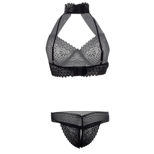 Women’s Floral Lace Choker-Style Halter Bralette & Panty Set – Elegant Two-Piece Lingerie Ensemble with Modern Keyhole Neckline