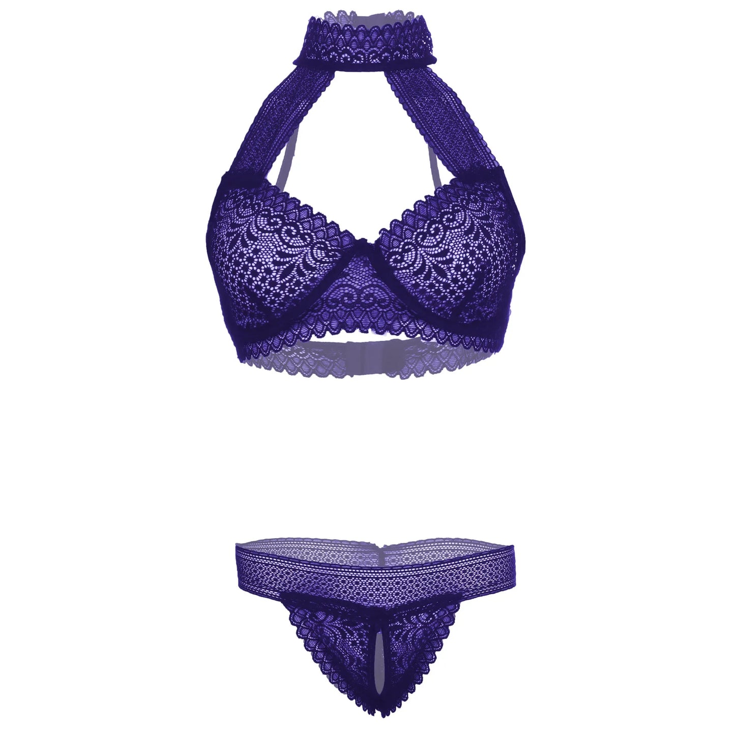 Women’s Floral Lace Choker-Style Halter Bralette & Panty Set – Elegant Two-Piece Lingerie Ensemble with Modern Keyhole Neckline