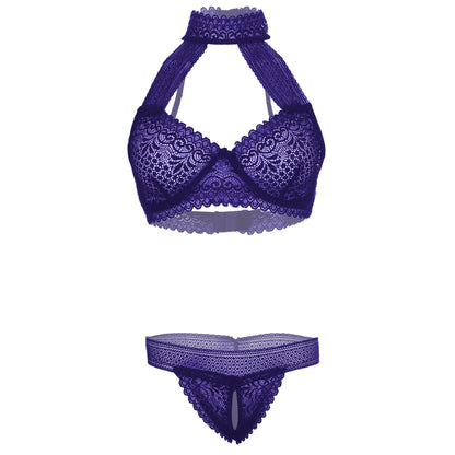 Women’s Floral Lace Choker-Style Halter Bralette & Panty Set – Elegant Two-Piece Lingerie Ensemble with Modern Keyhole Neckline