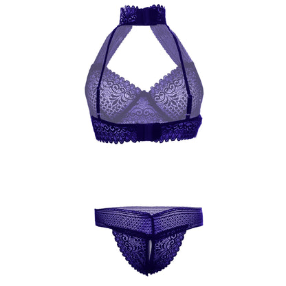 Women’s Floral Lace Choker-Style Halter Bralette & Panty Set – Elegant Two-Piece Lingerie Ensemble with Modern Keyhole Neckline