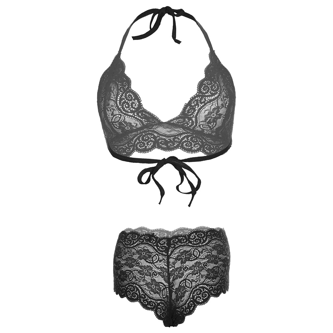 Women’s Eyelash Floral Lace Halter Bralette & Boyshort Set – Elegant Two-Piece Lingerie Ensemble with Scalloped Lace Trim