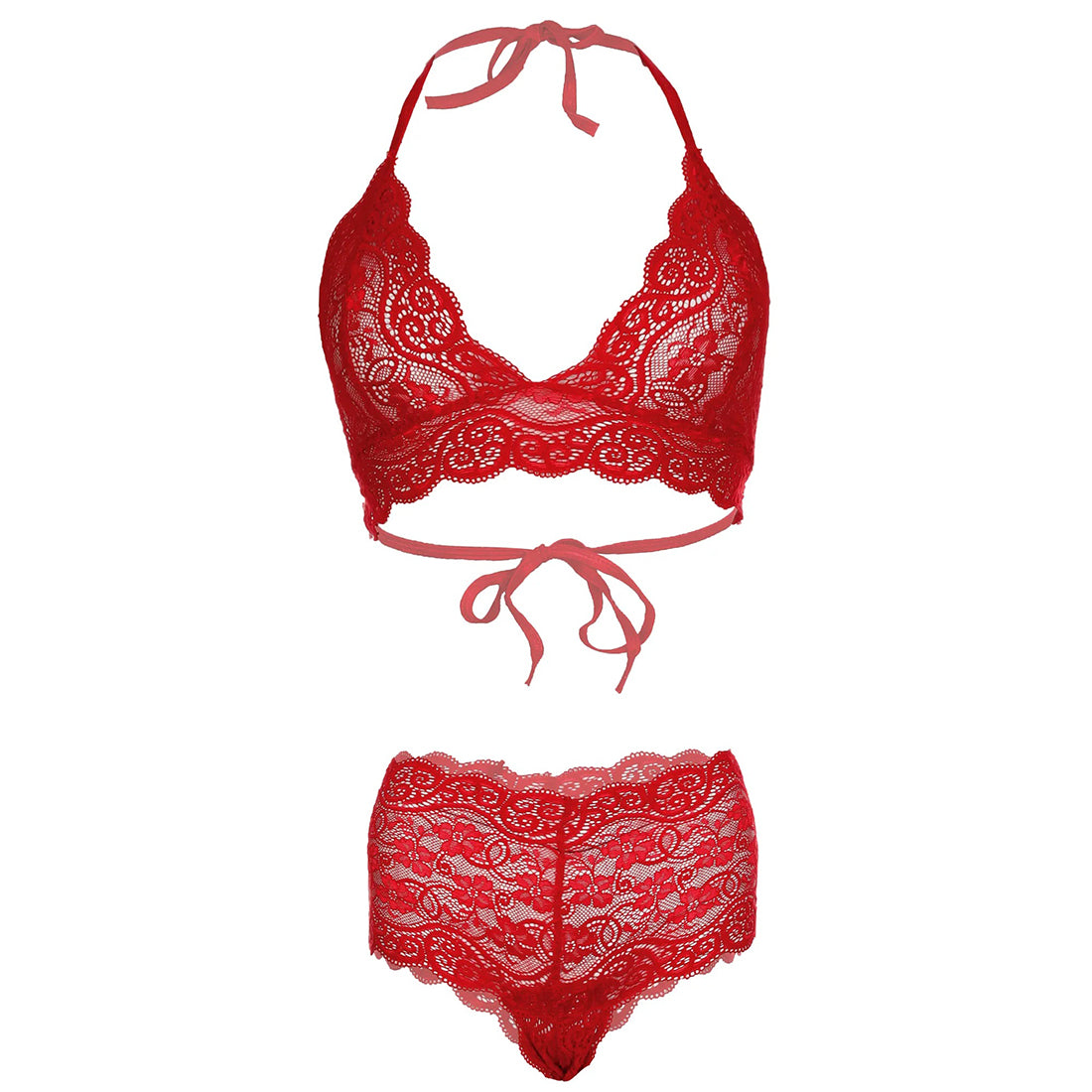 Women’s Eyelash Floral Lace Halter Bralette & Boyshort Set – Elegant Two-Piece Lingerie Ensemble with Scalloped Lace Trim