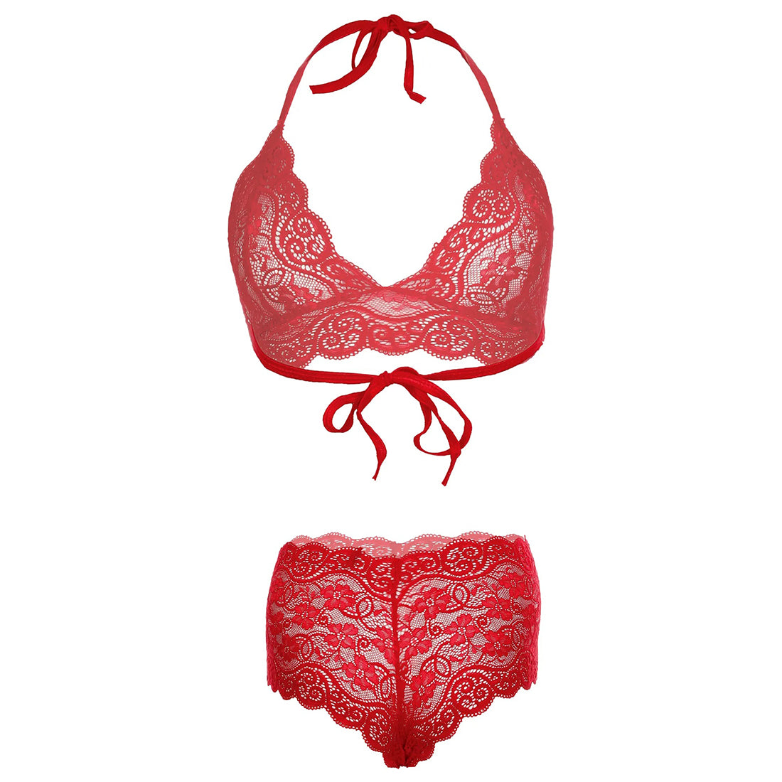 Women’s Eyelash Floral Lace Halter Bralette & Boyshort Set – Elegant Two-Piece Lingerie Ensemble with Scalloped Lace Trim