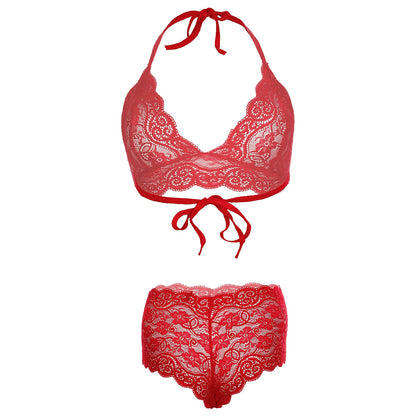 Women’s Eyelash Floral Lace Halter Bralette & Boyshort Set – Elegant Two-Piece Lingerie Ensemble with Scalloped Lace Trim