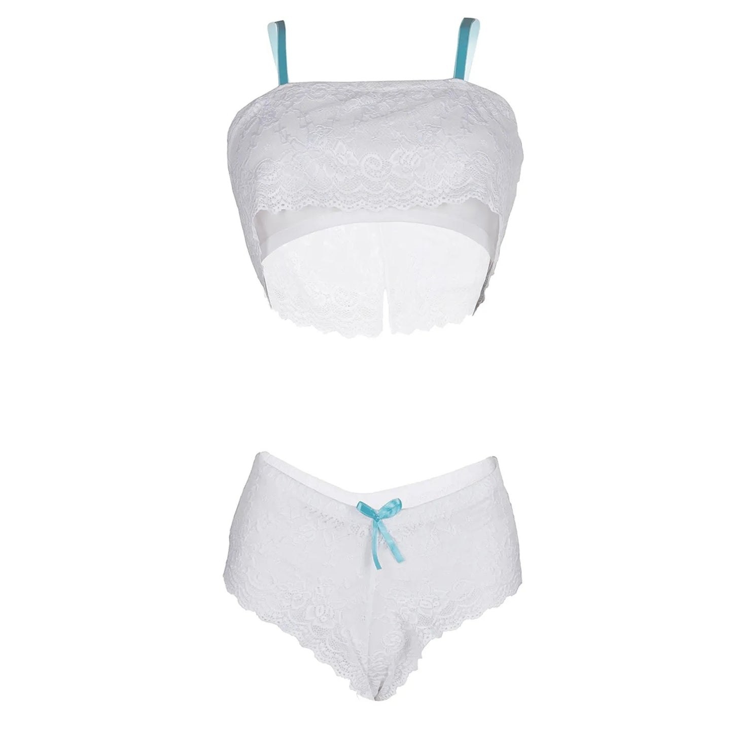 Women’s White Floral Lace Ruffled Bralette & Panty Set – Elegant Two-Piece Bridal Lingerie with Contrast Ribbon Accents