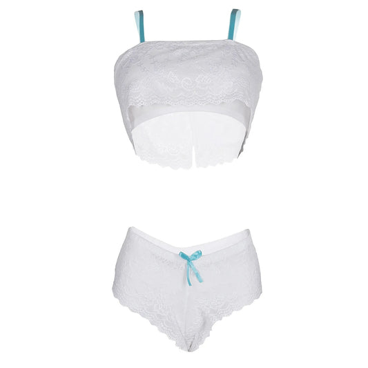 Women’s White Floral Lace Ruffled Bralette & Panty Set – Elegant Two-Piece Bridal Lingerie with Contrast Ribbon Accents