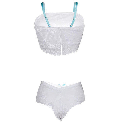 Women’s White Floral Lace Ruffled Bralette & Panty Set – Elegant Two-Piece Bridal Lingerie with Contrast Ribbon Accents