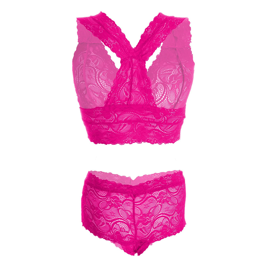 Women’s Raspberry Floral Lace Racerback Bralette & Panty Set – Elegant Two-Piece Lingerie Ensemble with Scalloped Edges