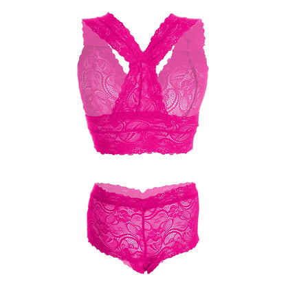 Women’s Raspberry Floral Lace Racerback Bralette & Panty Set – Elegant Two-Piece Lingerie Ensemble with Scalloped Edges