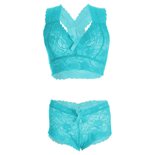 Women’s Raspberry Floral Lace Racerback Bralette & Panty Set – Elegant Two-Piece Lingerie Ensemble with Scalloped Edges