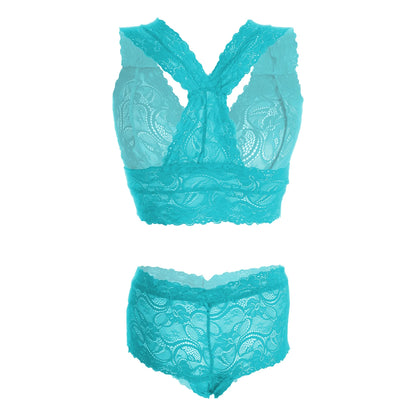 Women’s Raspberry Floral Lace Racerback Bralette & Panty Set – Elegant Two-Piece Lingerie Ensemble with Scalloped Edges