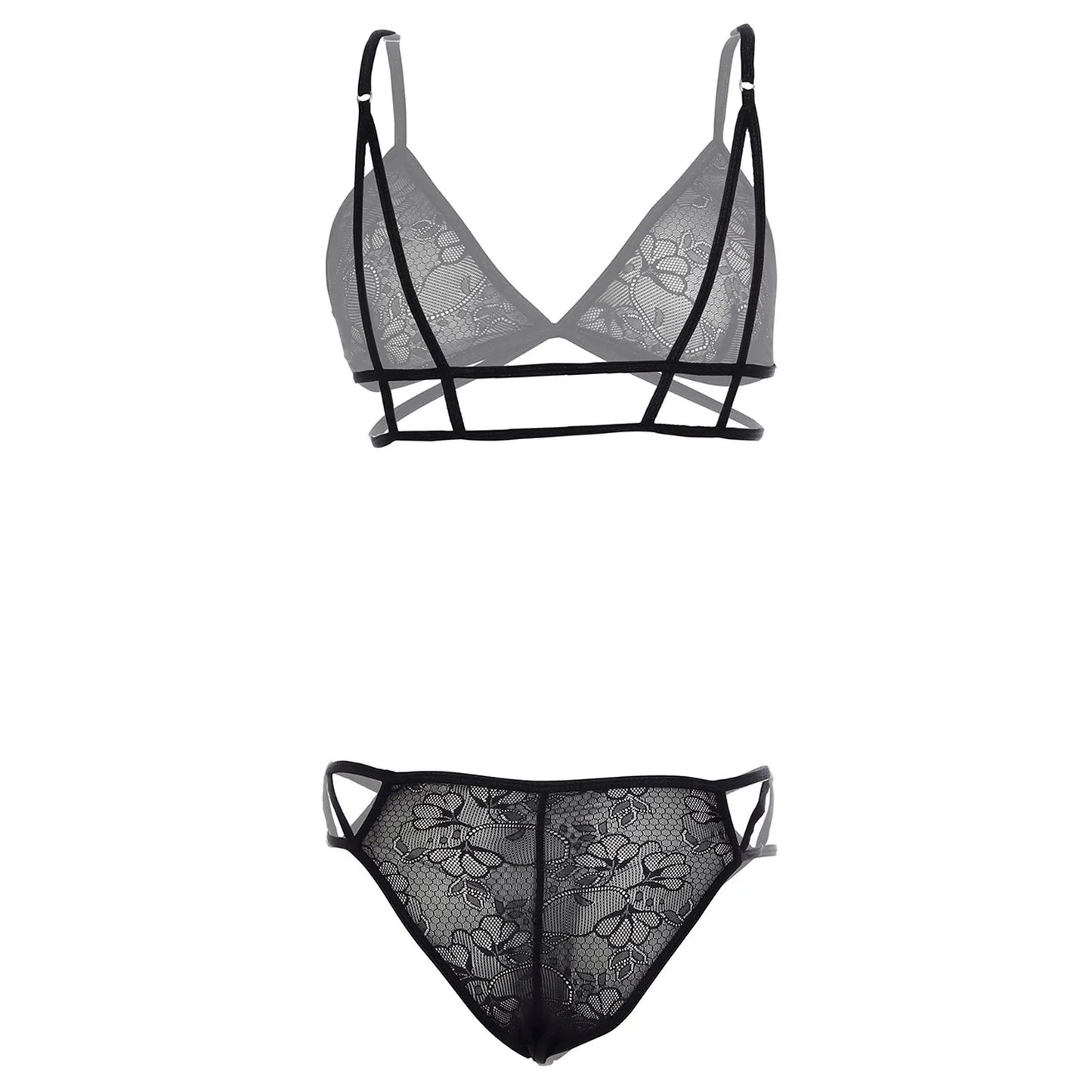 Women’s Floral Lace Criss-Cross Triangle Bralette & Cut-Out Panty Set – Elegant Two-Piece Lingerie Ensemble with Modern Architectural Straps