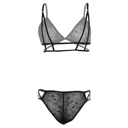 Women’s Floral Lace Criss-Cross Triangle Bralette & Cut-Out Panty Set – Elegant Two-Piece Lingerie Ensemble with Modern Architectural Straps