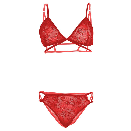 Women’s Floral Lace Criss-Cross Triangle Bralette & Cut-Out Panty Set – Elegant Two-Piece Lingerie Ensemble with Modern Architectural Straps