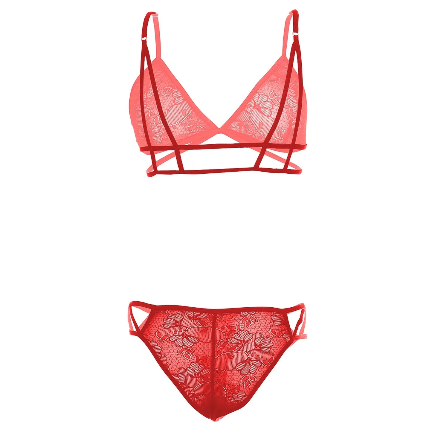 Women’s Floral Lace Criss-Cross Triangle Bralette & Cut-Out Panty Set – Elegant Two-Piece Lingerie Ensemble with Modern Architectural Straps
