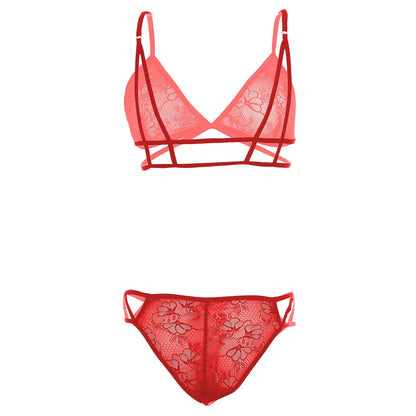 Women’s Floral Lace Criss-Cross Triangle Bralette & Cut-Out Panty Set – Elegant Two-Piece Lingerie Ensemble with Modern Architectural Straps
