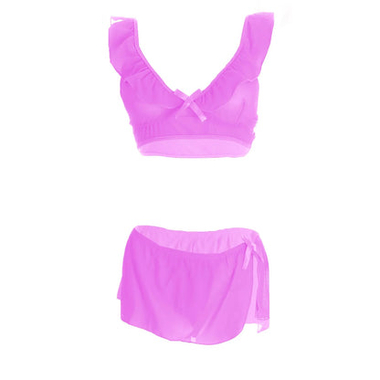 Women’s Sheer Ruffled Mesh Bralette & Front-Tie Panty Set – Elegant Two-Piece Lingerie Ensemble with Decorative Ribbon Bows