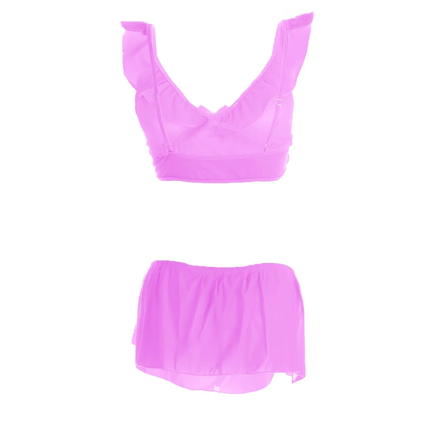 Women’s Sheer Ruffled Mesh Bralette & Front-Tie Panty Set – Elegant Two-Piece Lingerie Ensemble with Decorative Ribbon Bows