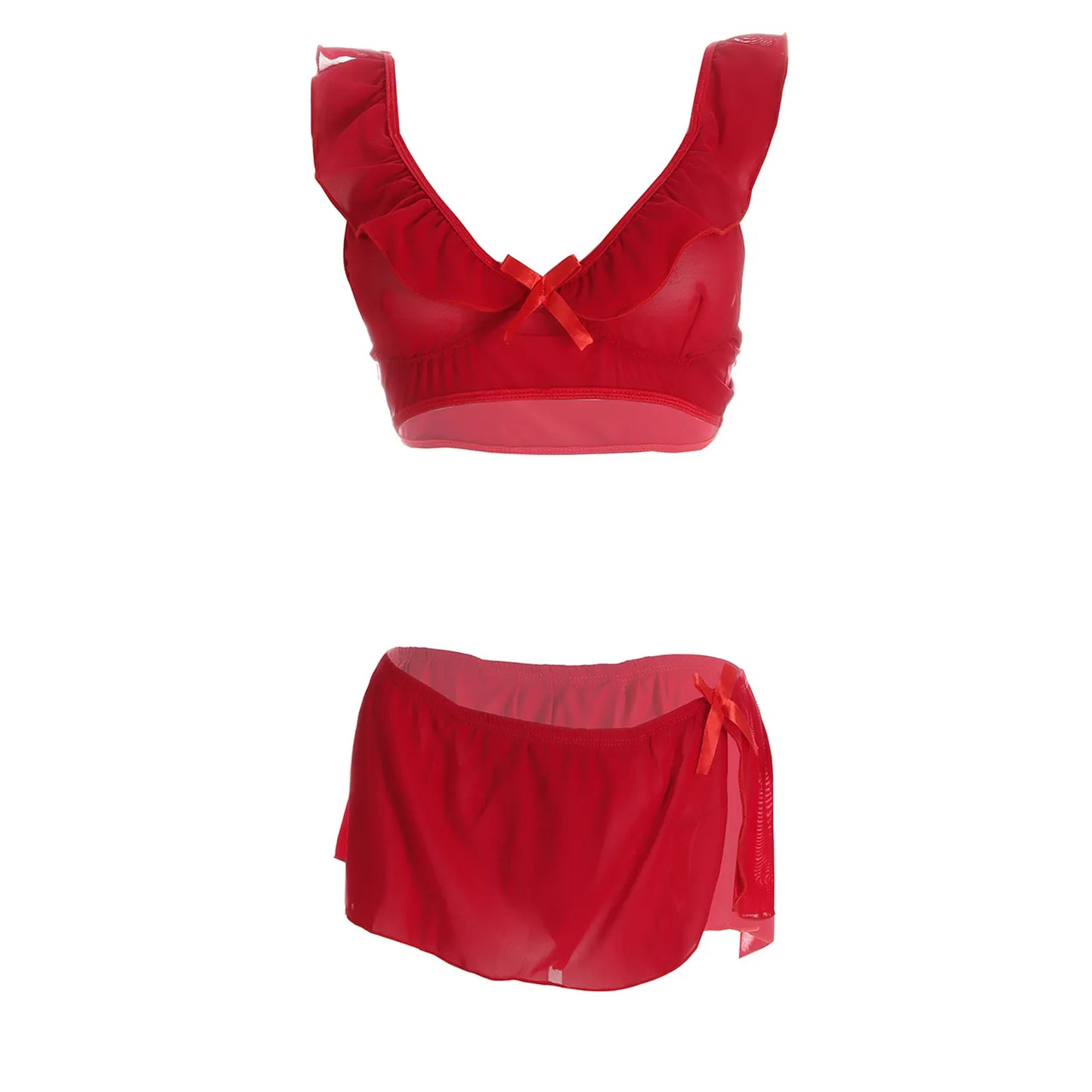 Women’s Sheer Ruffled Mesh Bralette & Front-Tie Panty Set – Elegant Two-Piece Lingerie Ensemble with Decorative Ribbon Bows
