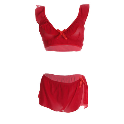 Women’s Sheer Ruffled Mesh Bralette & Front-Tie Panty Set – Elegant Two-Piece Lingerie Ensemble with Decorative Ribbon Bows