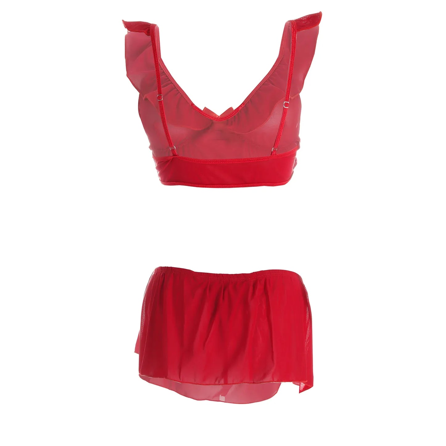 Women’s Sheer Ruffled Mesh Bralette & Front-Tie Panty Set – Elegant Two-Piece Lingerie Ensemble with Decorative Ribbon Bows