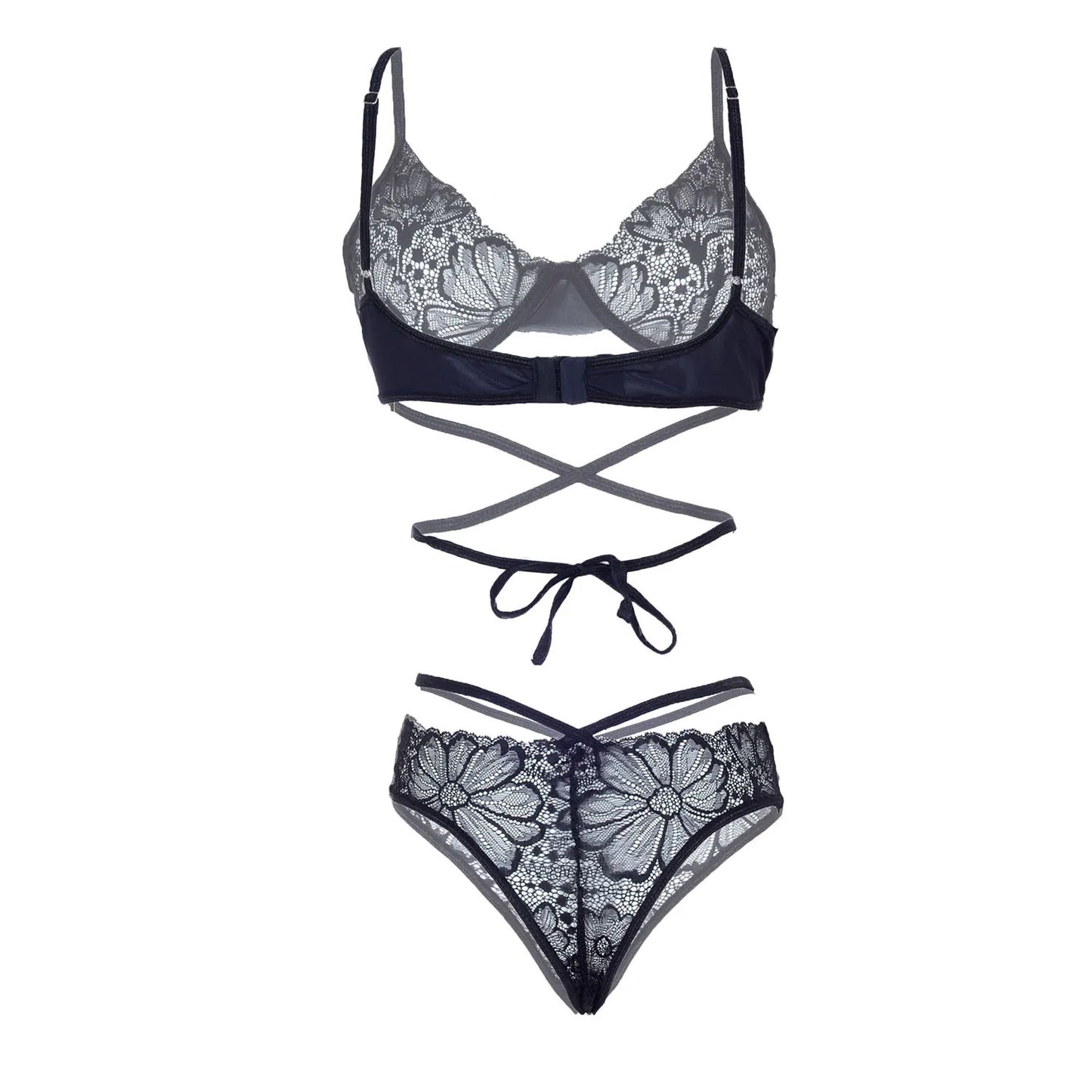 Women’s Underwired Floral Lace Bralette & Strappy Panty Set – Elegant Two-Piece Lingerie Ensemble with Modern Criss-Cross Waist Wrap