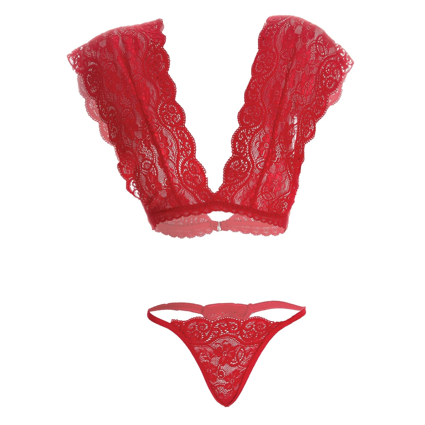Women’s Floral Lace Bralette & String Panty Set – Elegant Two-Piece Lingerie Ensemble with Scalloped V-Neck Detail