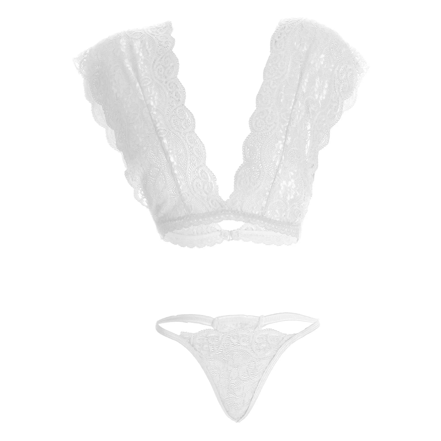 Women’s Floral Lace Bralette & String Panty Set – Elegant Two-Piece Lingerie Ensemble with Scalloped V-Neck Detail
