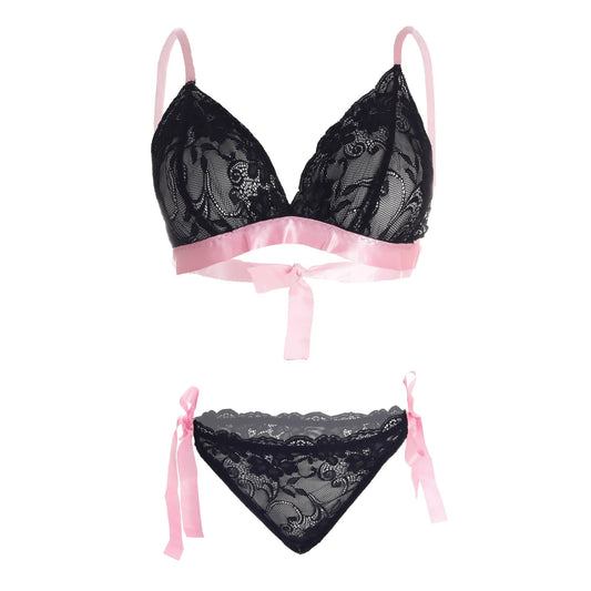 Women Lace Lingerie Set Triangle Bralette and Tie-Up Bikini Panty Set Soft Stretch Designer Innerwear for Women