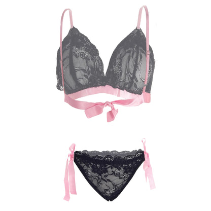 Women Lace Lingerie Set Triangle Bralette and Tie-Up Bikini Panty Set Soft Stretch Designer Innerwear for Women