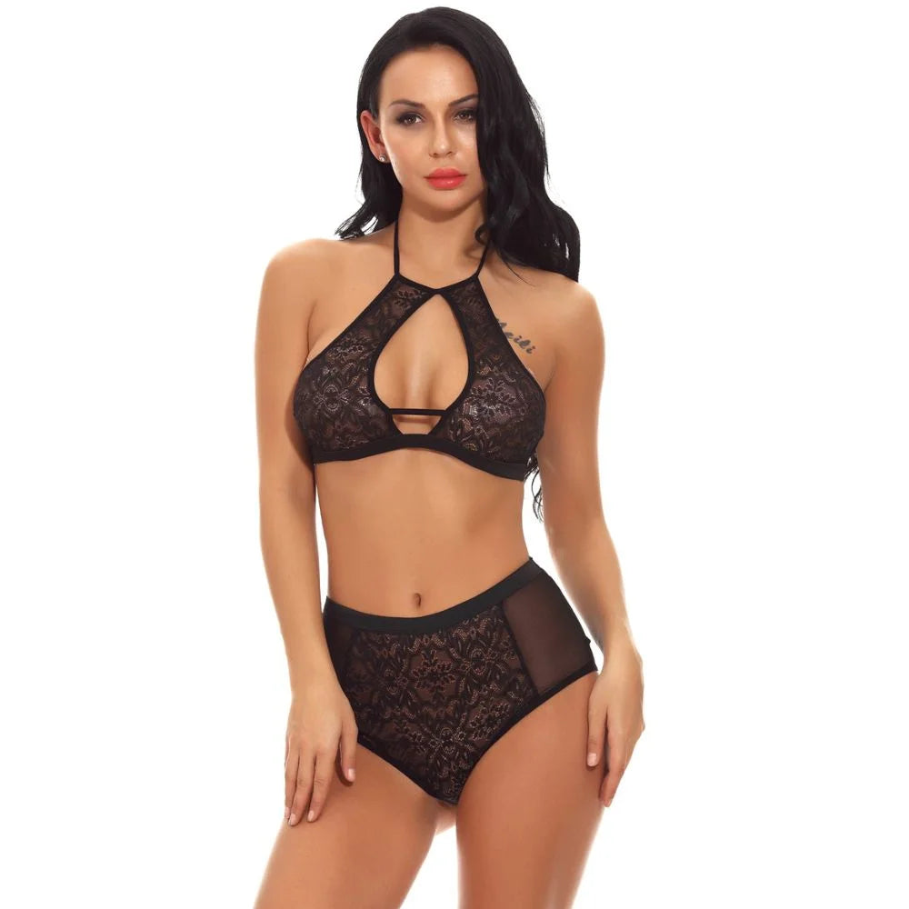 Women Sheer Lace Cutout Lingerie Set – Elegant Two Piece Nightwear