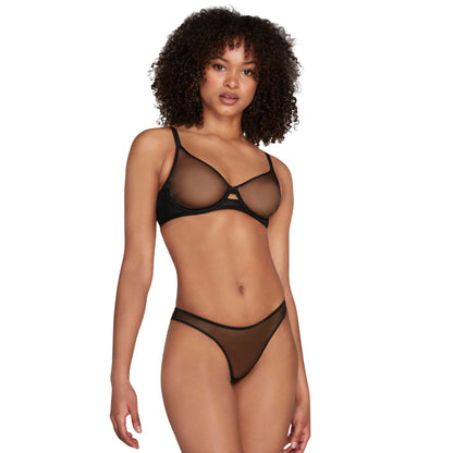 Women Black Sheer Mesh Bra & Thong Lingerie Set – Transparent Elegant Intimate Wear