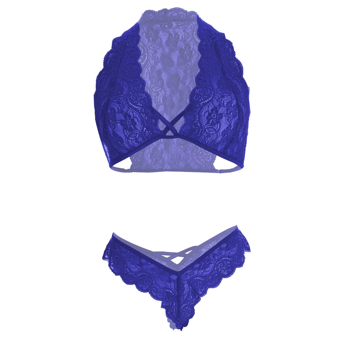 Women’s Floral Lace Halter Bralette & Strappy Panty Set – Elegant Two-Piece Lingerie Ensemble with Modern Criss-Cross Details