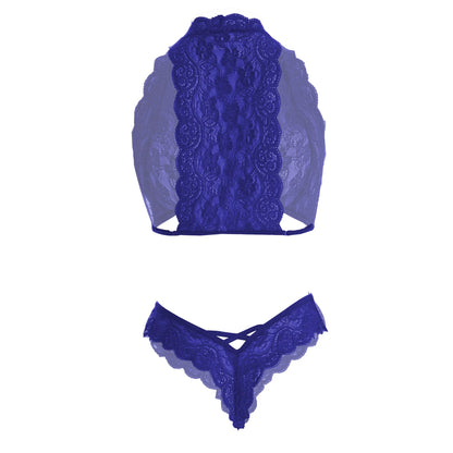 Women’s Floral Lace Halter Bralette & Strappy Panty Set – Elegant Two-Piece Lingerie Ensemble with Modern Criss-Cross Details
